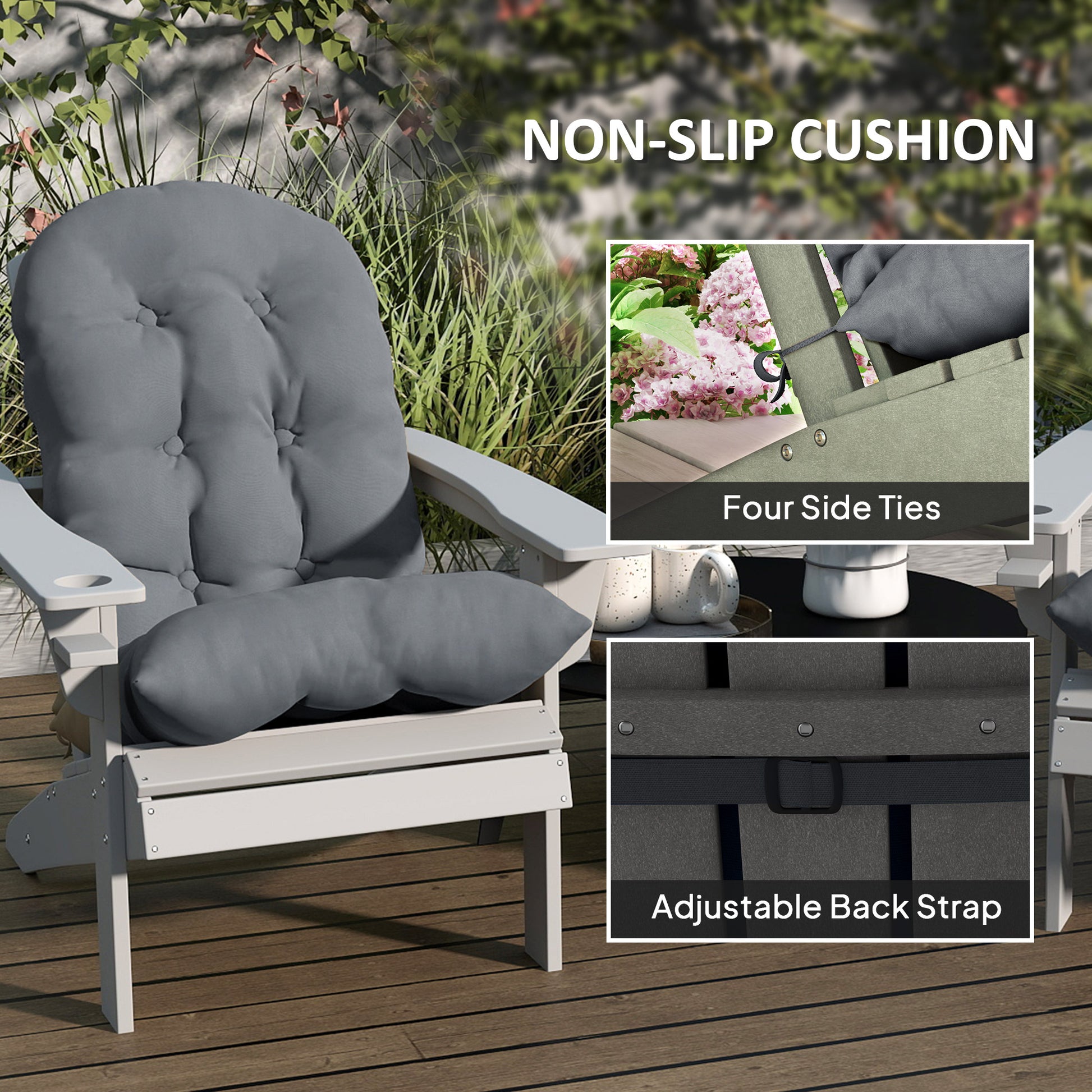 Adirondack Chair Cushions Set of 2 with Ties, Grey
