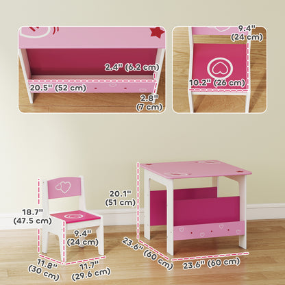 Qaba 3 Pieces Kids Table and Chair Set with Bookshelves, for Classroom, Home, Nursery, Playroom, for Read, Draw, Art, Pink