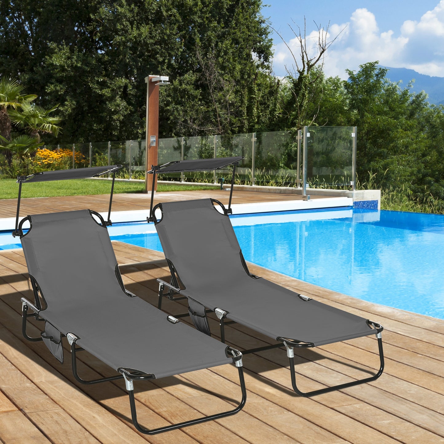 2 Piece Folding Outdoor Chaise Lounges, Pool Tanning Chairs with Reclining Back, Sunshade for Beach, Patio, Dark Grey