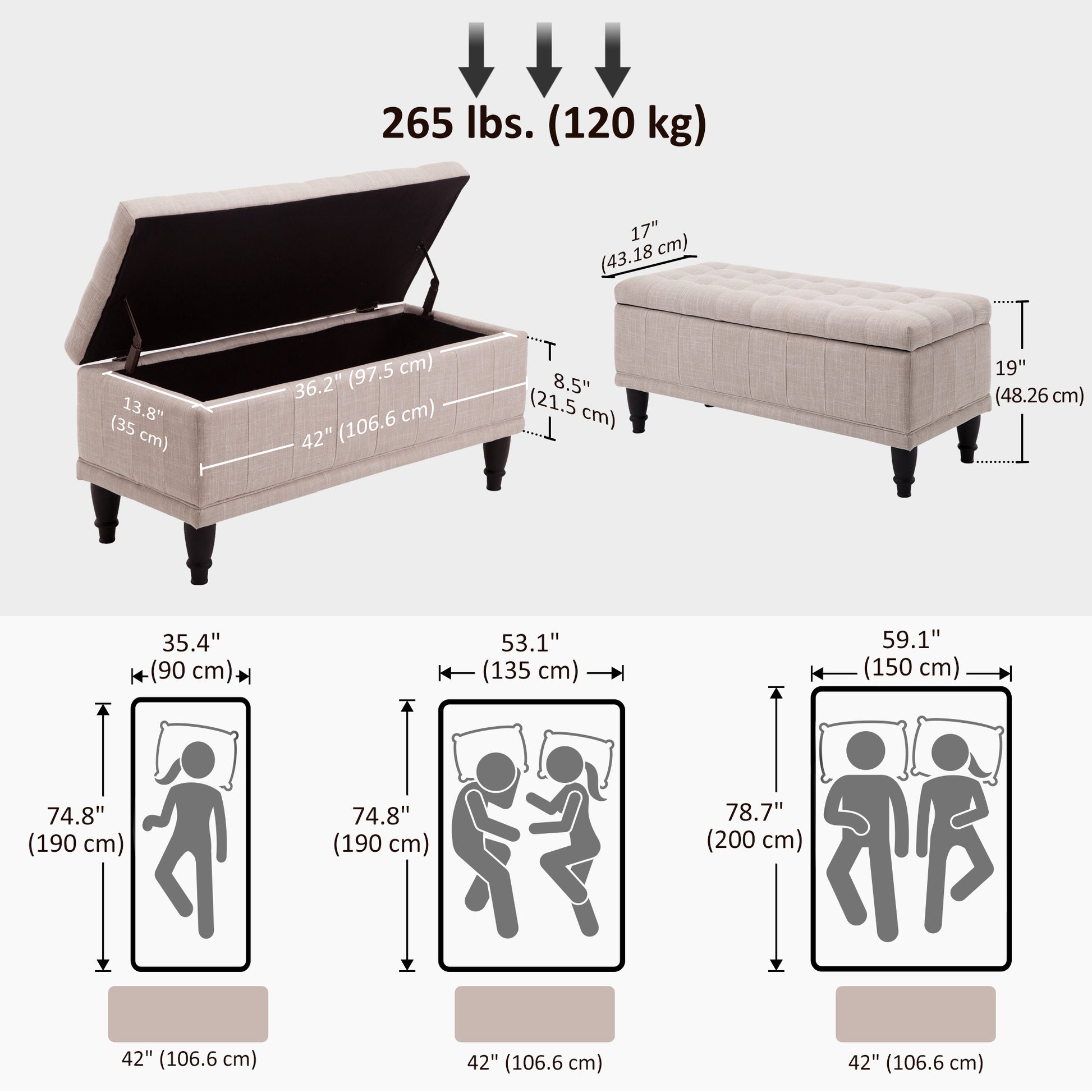Storage Ottoman, Linen Fabric End of Bed Bench with Soft Close Lid, Button Tufted Storage Bench for Living Room, Entryway or Bedroom, 42" x 17" x 19", Beige