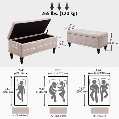 Storage Ottoman, Linen Fabric End of Bed Bench with Soft Close Lid, Button Tufted Storage Bench for Living Room, Entryway or Bedroom, 42" x 17" x 19", Beige