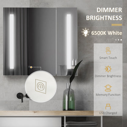 LED Medicine Cabinet with Mirror and Lights, 27.5" x 25.5" Lighted Bathroom Wall Cabinet, Bathroom Mirror Cabinet with Adjustable Shelf, USB Charge, White