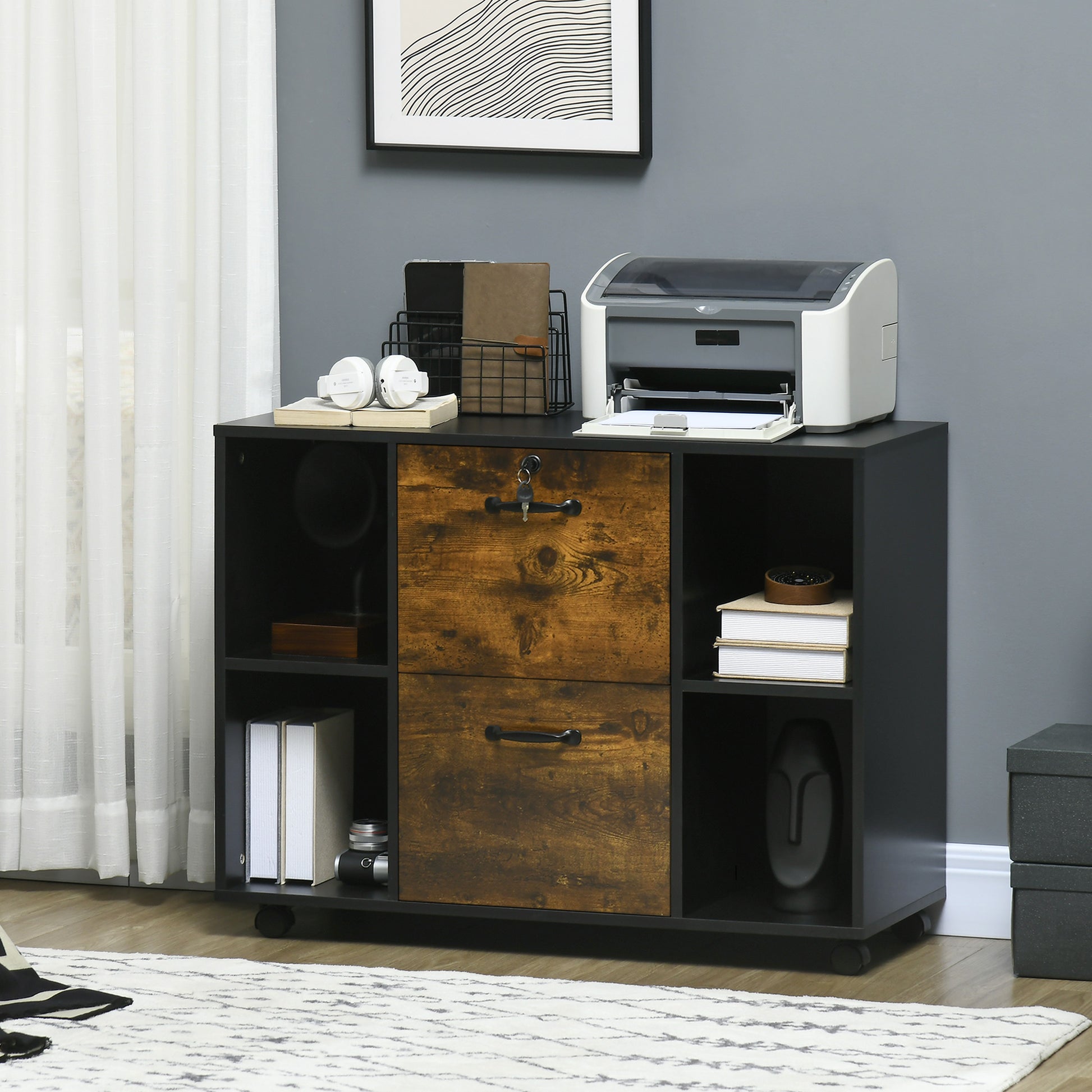 Lateral Filing Cabinet with Wheels and Lockable Drawer, File Cabinet, Mobile Printer Stand with Open Shelves for Letter and A4 Size Documents for Home Office, Rustic Brown