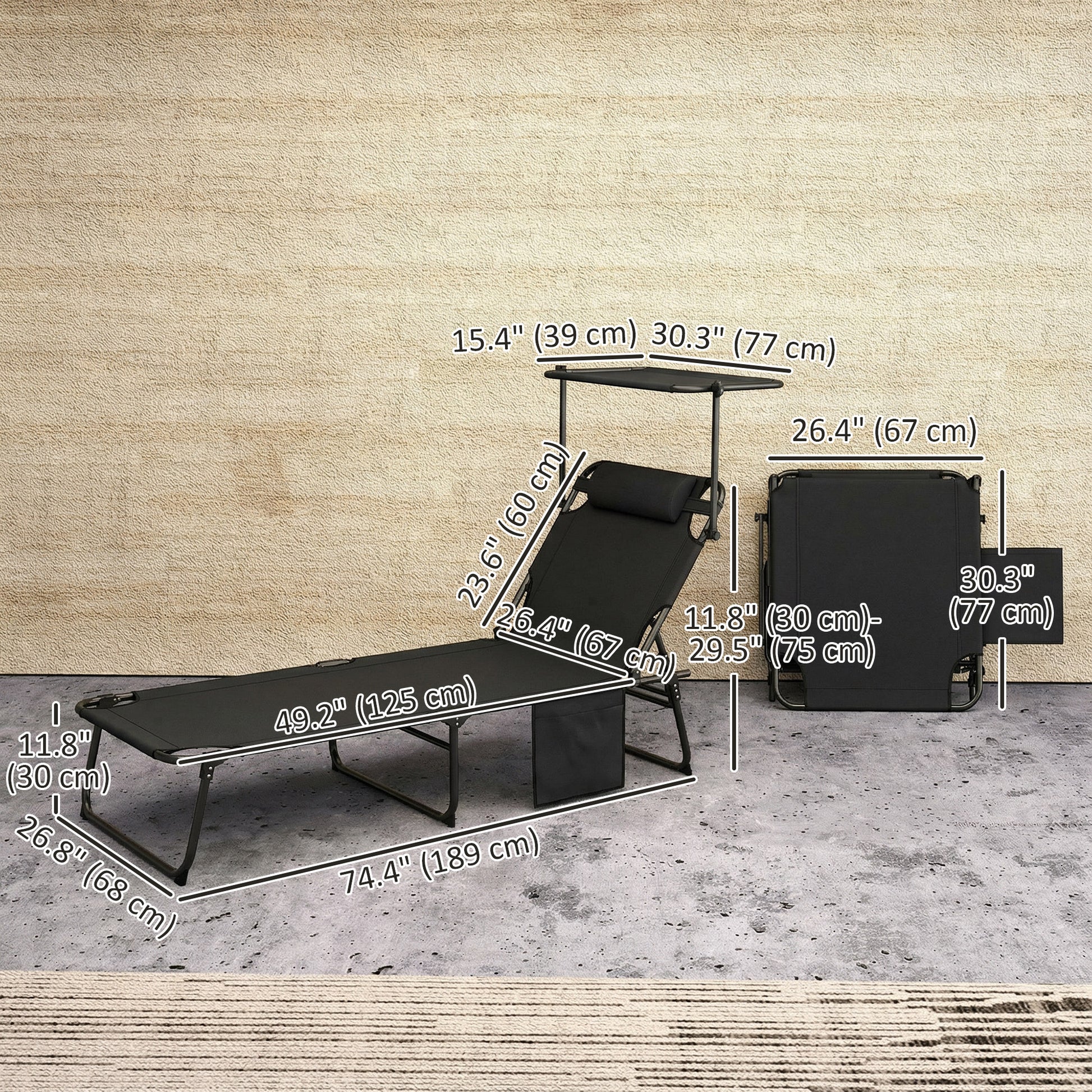 Folding Lounge Chair with Adjustable Canopy, 4-Position Outdoor Tanning Chair with Headrest, Dark Grey