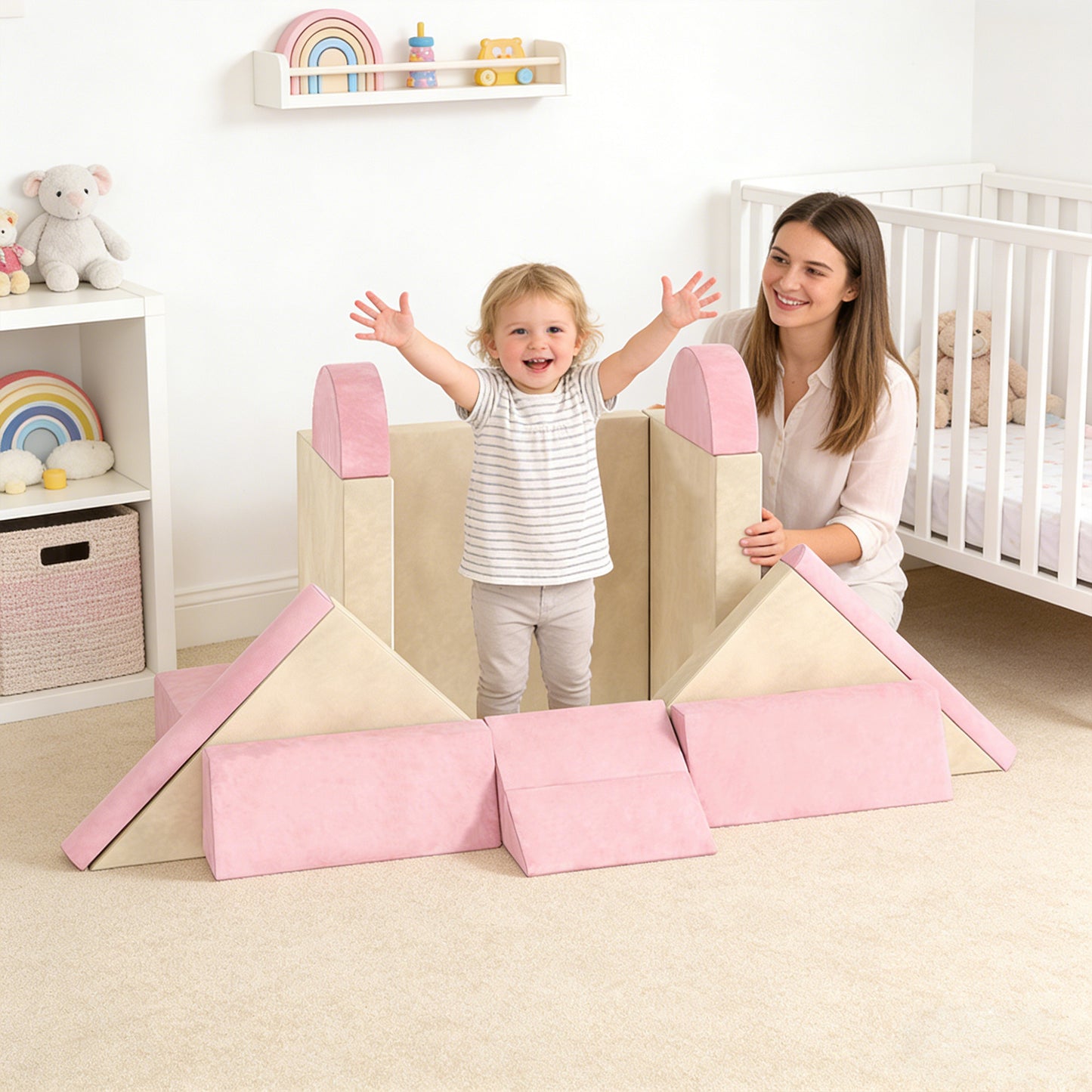 Qaba 12 PCS Modular Kids Play Couch, Child Sectional Sofa for Toddlers, Convertible Foam and Floor Cushion, Pink