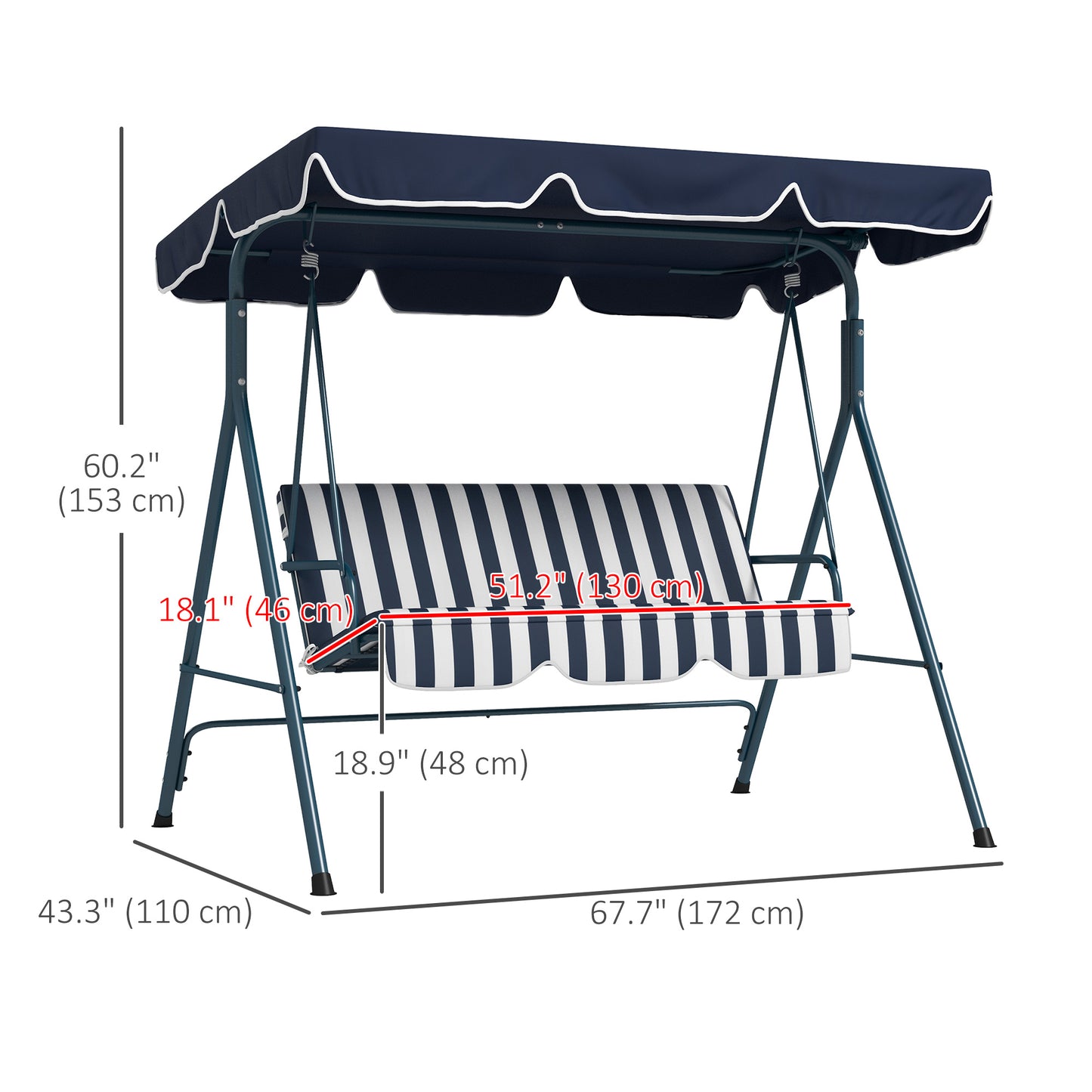 3-Seater Outdoor Porch Swing with Adjustable Canopy, Patio Swing Chair for Garden, Poolside, Backyard, Blue and White