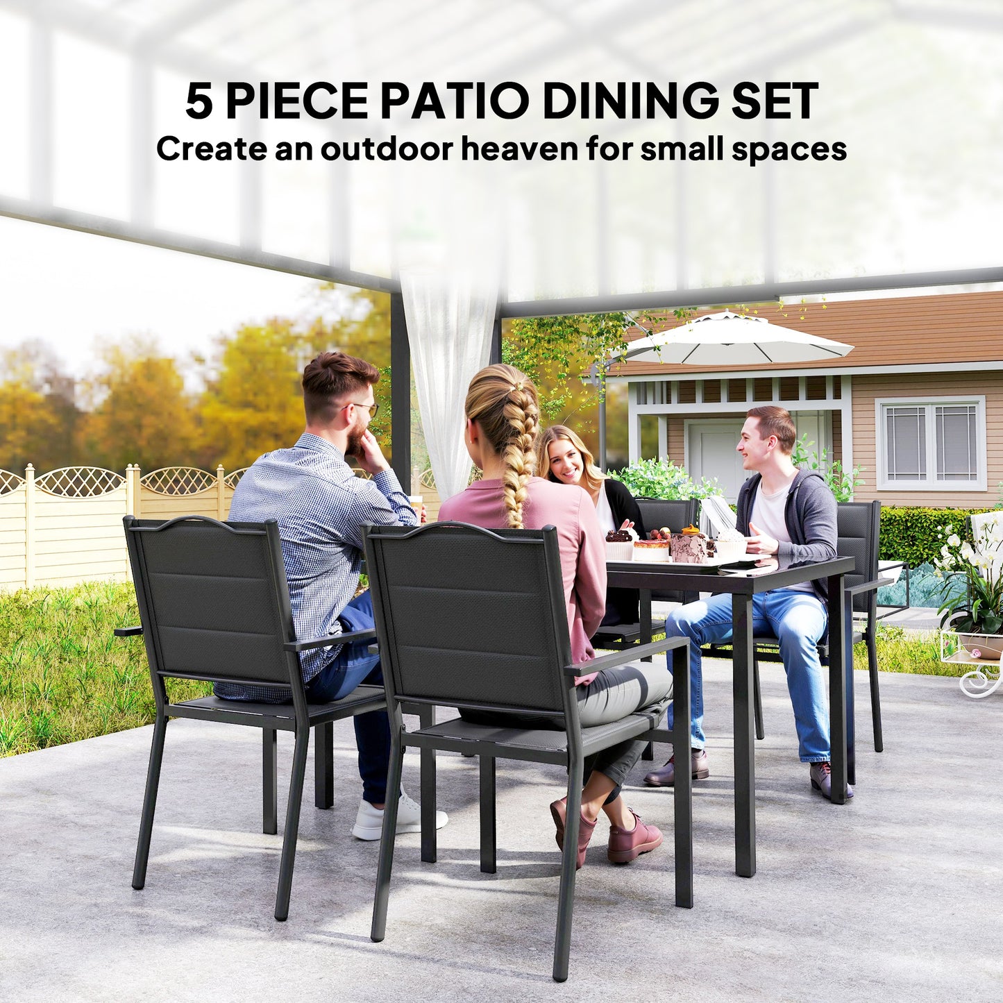 5 Piece Outdoor Dining Set w/ 4 Stackable Chairs, Rectangle Table, Tempered Glass Top, Steel Frame, Black