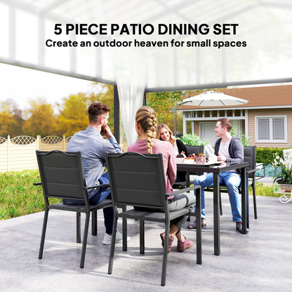5 Piece Outdoor Dining Set w/ 4 Stackable Chairs, Rectangle Table, Tempered Glass Top, Steel Frame, Black