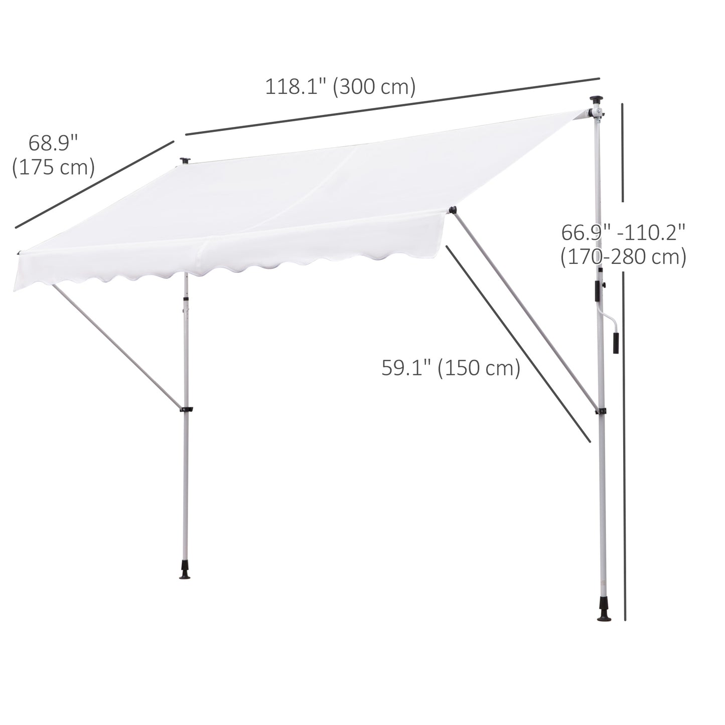 10x5ft Manual Retractable Awning, Patio Sun Shade Canopy Shelter with 5.6-9.2ft Support Pole, Water Resistant UV Protector, for Window, Door, Porch, Deck, White