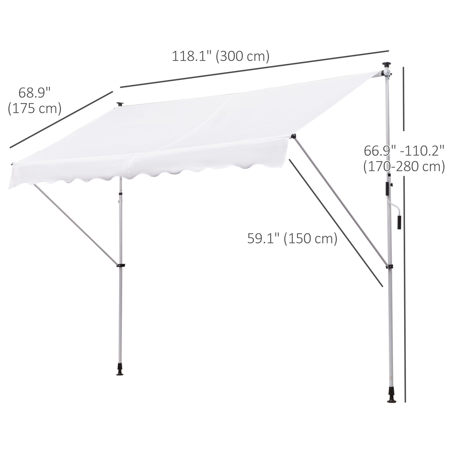 10x5ft Manual Retractable Awning, Patio Sun Shade Canopy Shelter with 5.6-9.2ft Support Pole, Water Resistant UV Protector, for Window, Door, Porch, Deck, White