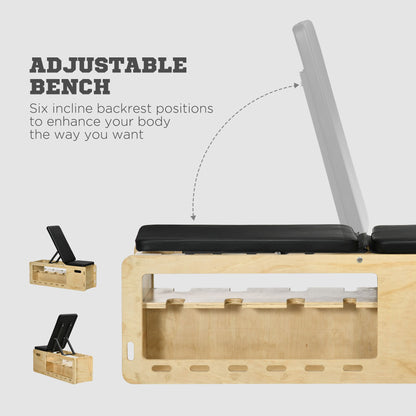 Soozier Wooden Workout Bench with Dumbbell Rack and Resistance Bands, Adjustable Incline Weight Bench for Home Gym