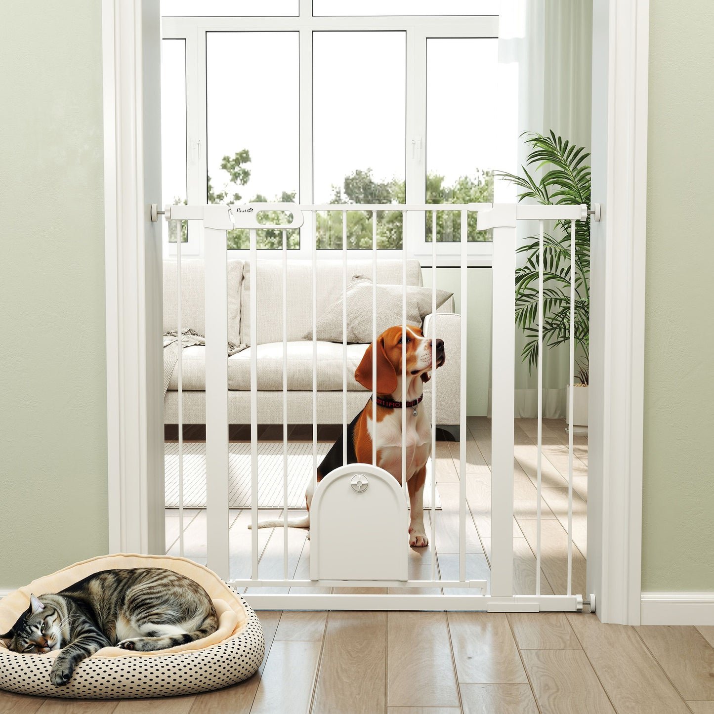 30"-41" Extra Wide Pet Gate Barrier with Small Door, 35"H Dog Gate with Safety Gate Barrier, Stair Pressure Fit, White