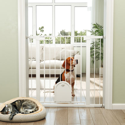 30"-41" Extra Wide Pet Gate Barrier with Small Door, 35"H Dog Gate with Safety Gate Barrier, Stair Pressure Fit, White