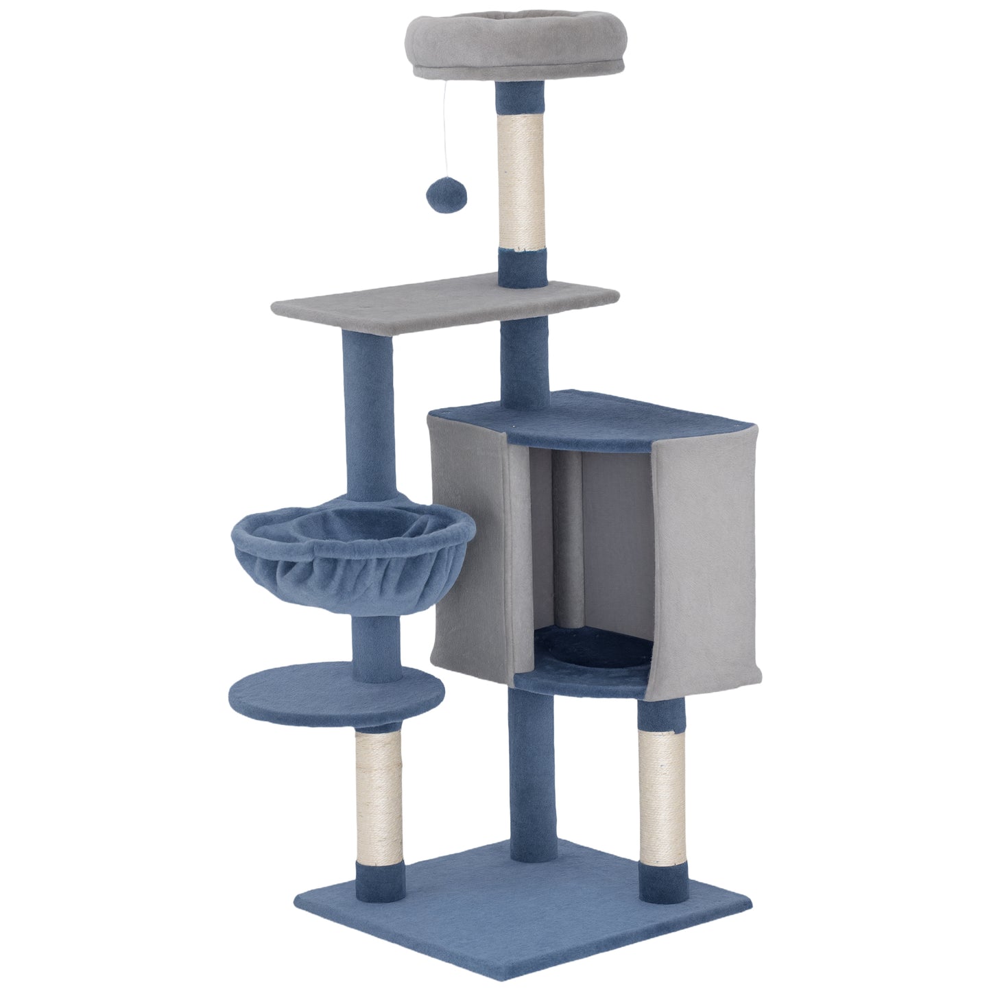 48" Modern Cat Tree with Condo, Hammock, Perch, Sisal Scratching Posts, Toy Ball, for Indoor Cats, Blue and Grey
