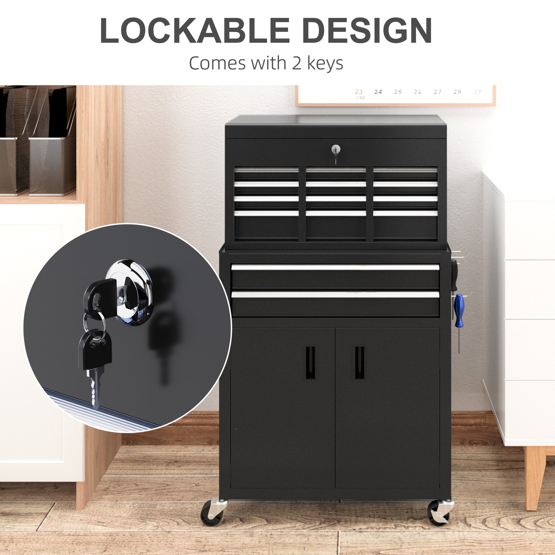 6-Drawer Rolling Tool Chest, 2 in 1 Lockable Storage Cabinet with Hooks, Metal Tool Box for Garage, Workshop, Black