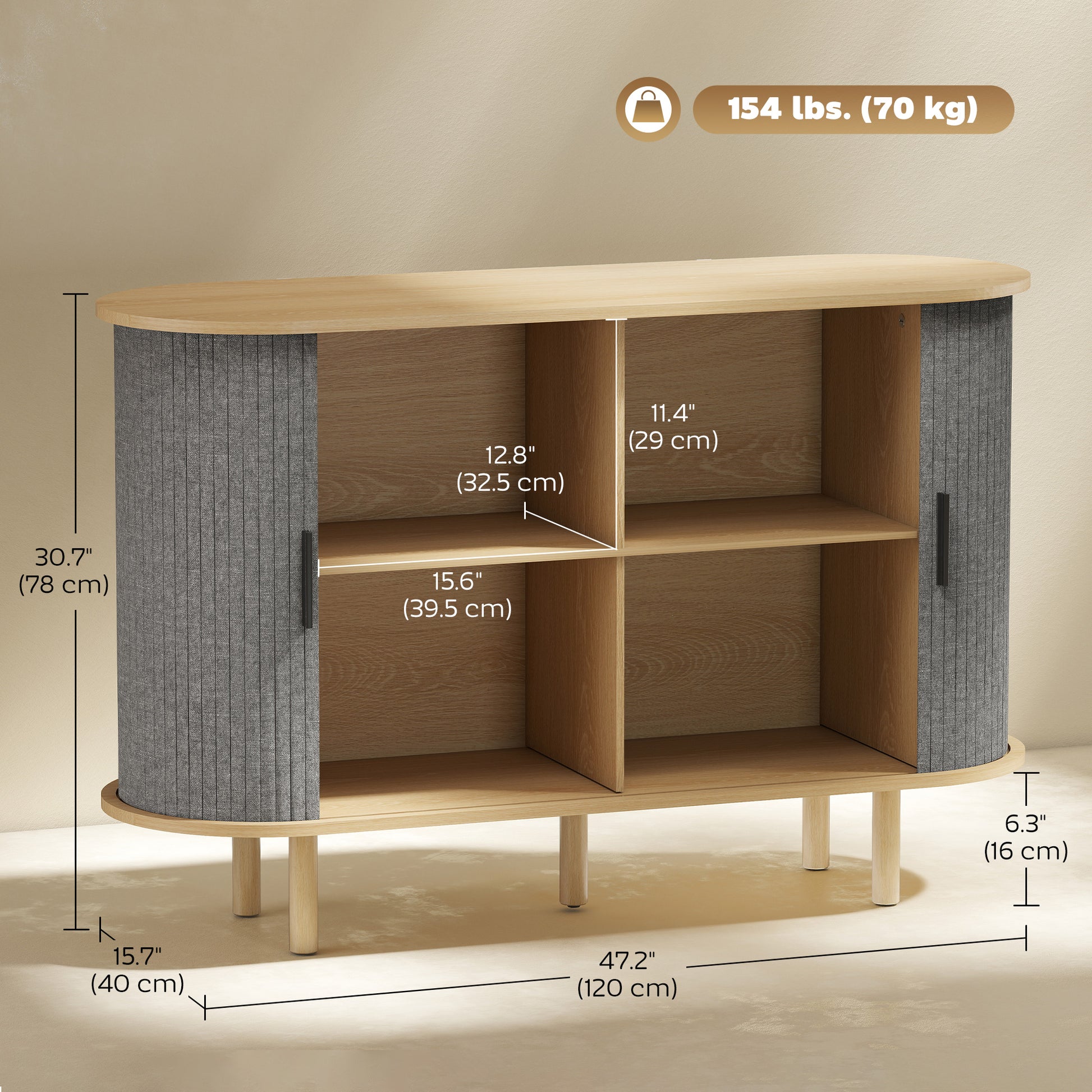 47" Buffet Cabinet with Tambour Sliding Doors, Fluted Sideboard with Storage Shelves and Wooden Legs, Grey