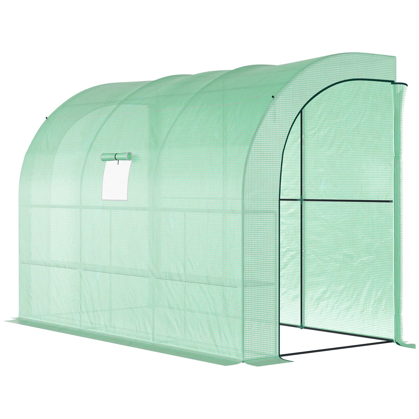 Walk-in Wall Lean-to Greenhouse, 10' x 5' x 7' Outdoor Gardening Green House with PE Cover, Windows, Shelves and 2 Zipper Doors, Green