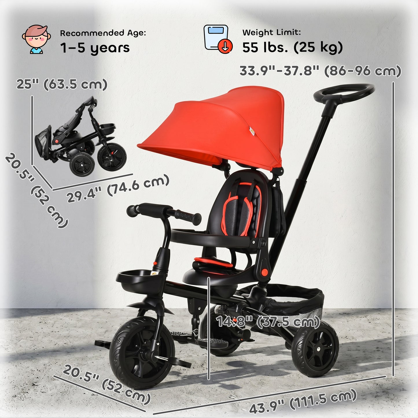 Qaba Tricycle for Toddler 4 in 1 Kids Trike, Foldable Converts Stroller to Toddler Bike, Adjustable Backrest & Curved Canopy, Detachable Guardrail & Handle for 1-5 Years Old, Red