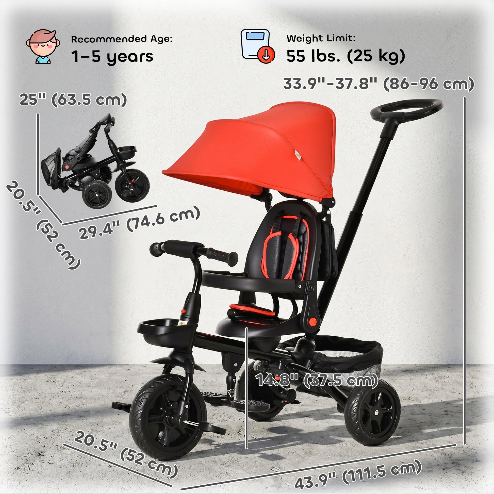 Qaba Tricycle for Toddler 4 in 1 Kids Trike, Foldable Converts Stroller to Toddler Bike, Adjustable Backrest & Curved Canopy, Detachable Guardrail & Handle for 1-5 Years Old, Red