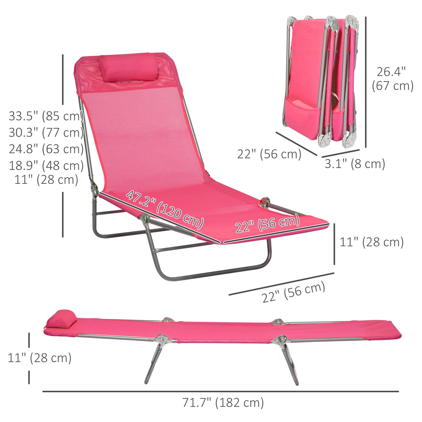 Set of 2 Folding Chaise Lounge Chairs, Outdoor Poolside Sun Tanning Chairs w/ Pillow, Reclining Backrest, Pink
