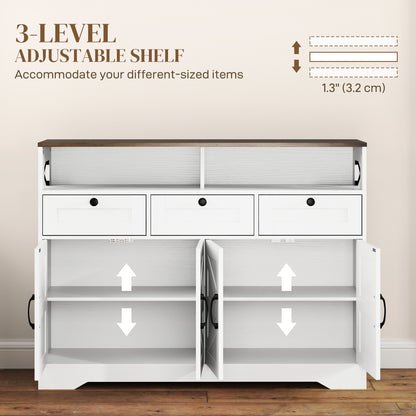 Sideboard, Buffet Cabinet with 4 Barn Doors and 3 Drawers, Coffee Bar Cabinet with Adjustable Shelves, White