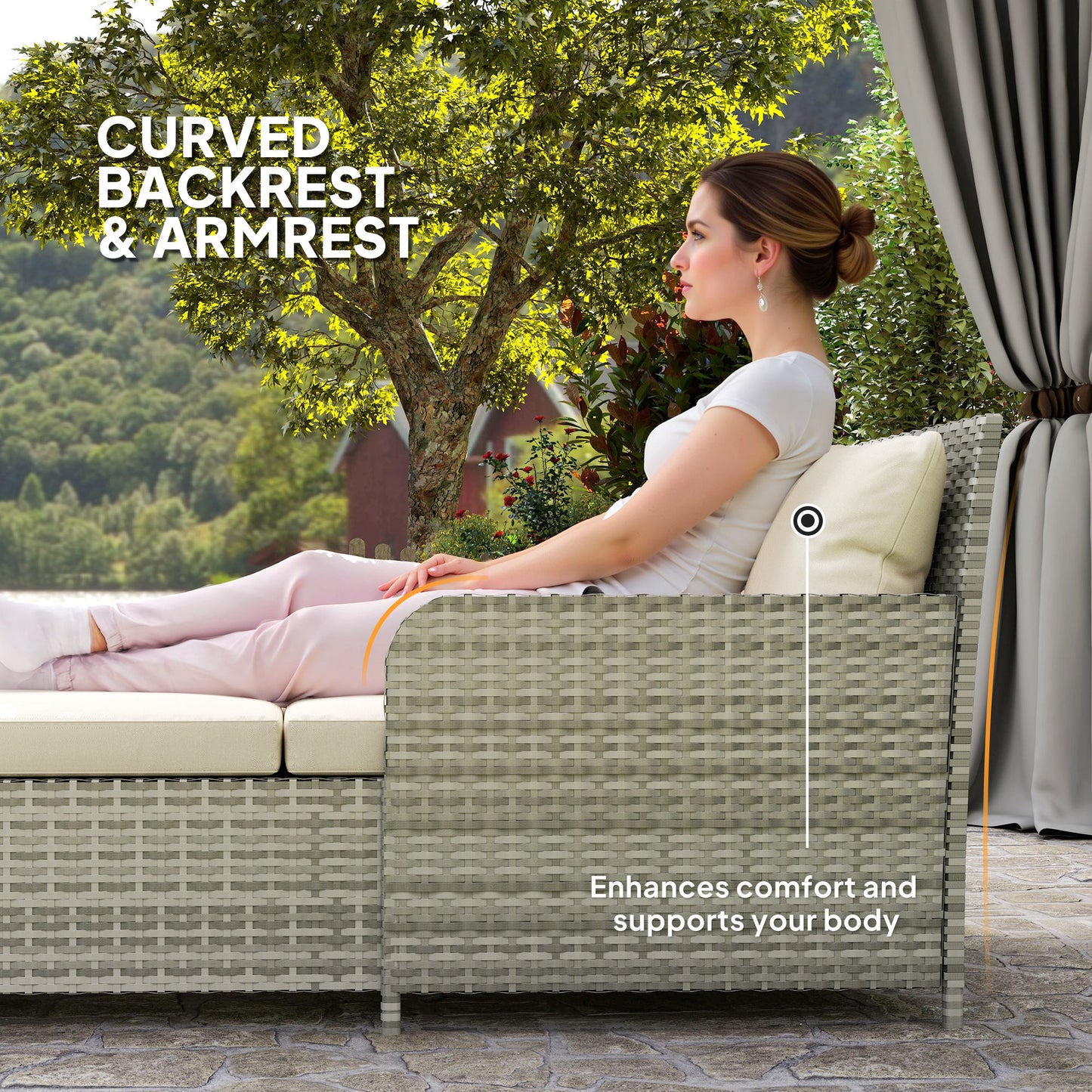 Rattan Outdoor Daybed, Sunbed Loveseat with Soft Cushions, 4 Pillows, Curved Backrest & Armrest, Beige