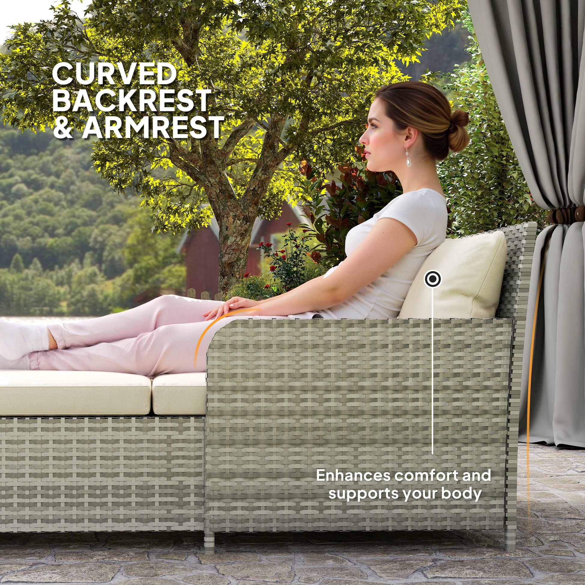Rattan Outdoor Daybed, Sunbed Loveseat with Soft Cushions, 4 Pillows, Curved Backrest & Armrest, Beige