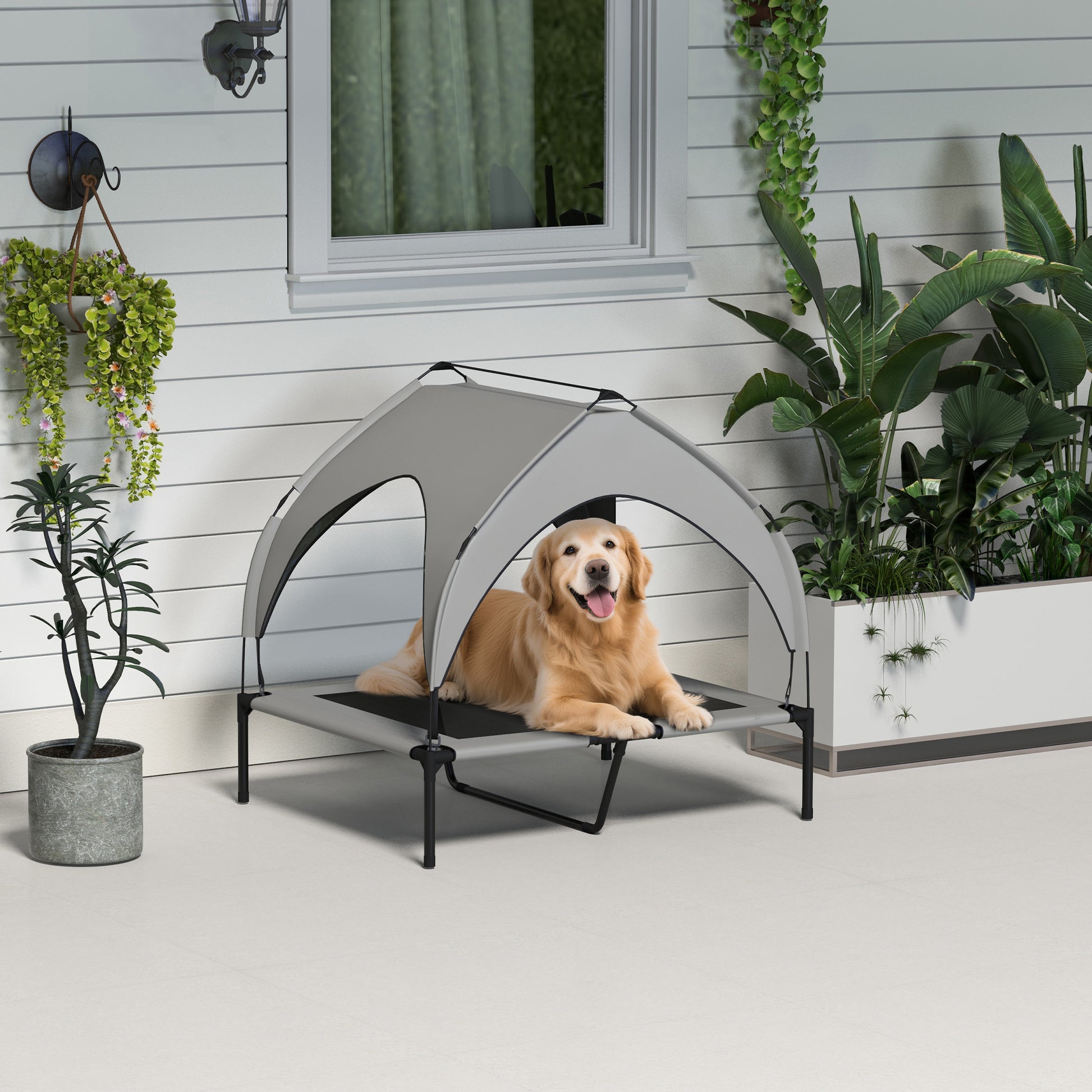 Raised Dog Bed Cooling Dog Cot w/ Canopy Washable Breathable Mesh, for Medium and Large Dogs, Light Grey