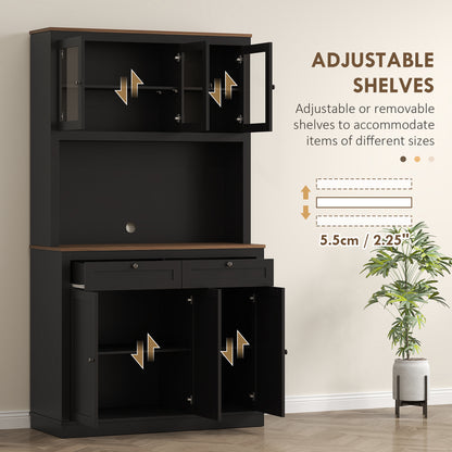 71" Pantry Cabinet with Microwave Space, Buffet with Hutch, 2 Drawers, Adjustable Shelves and Glass Doors, Black