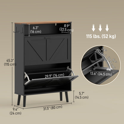 Shoe Storage Cabinet with 2 Flip Drawers, Farmhouse Narrow Shoe Cabinet, Holds Up to 16 Pairs, Black