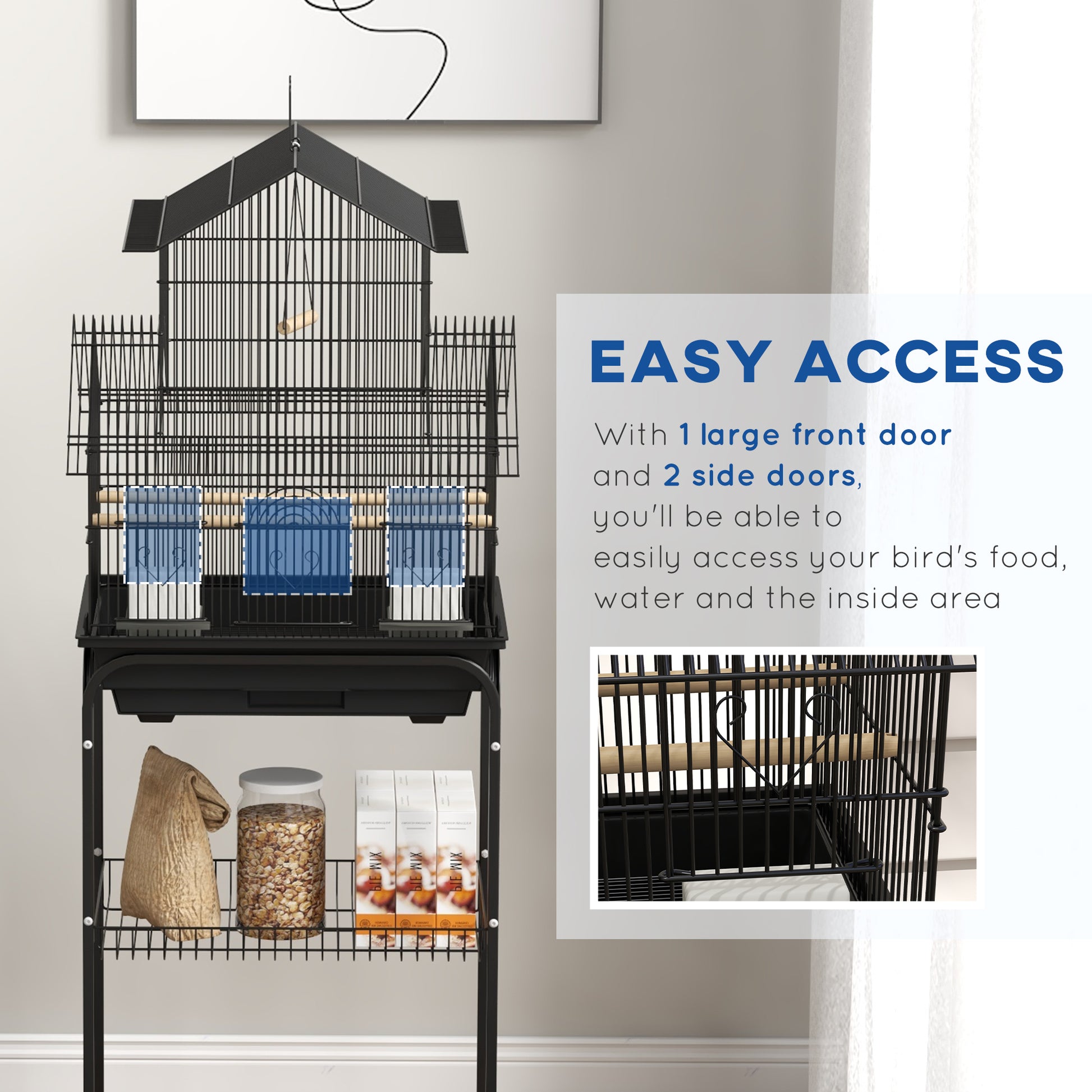 48" Bird Cage with Perch, Swing, Food Container, Slide-out Tray, Handle, Parrot Cage for Finches, Canaries, Budgies
