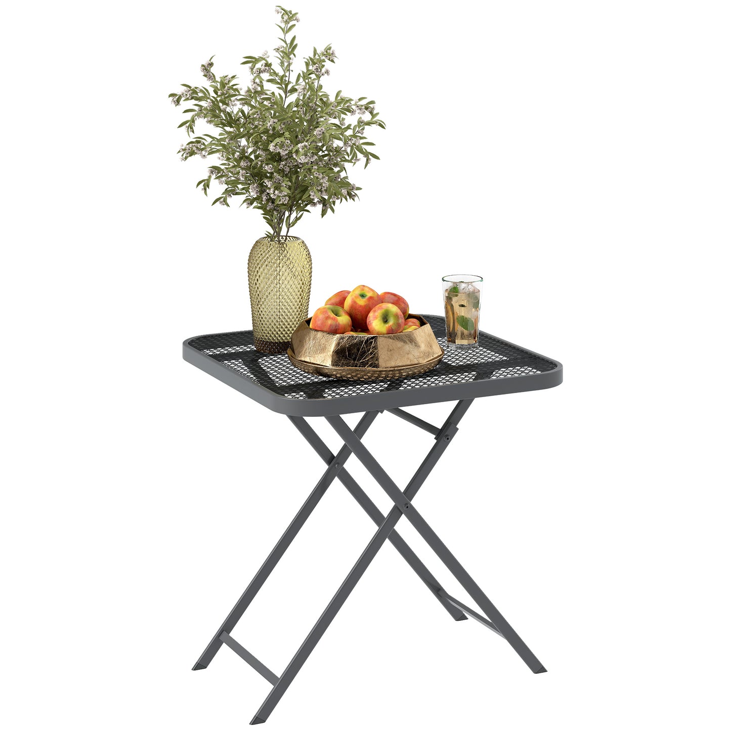 27.5" Square Outdoor Patio Table, Outdoor Folding Table with Grid Rattan-Like Top for Camping, Picnic, Light Grey