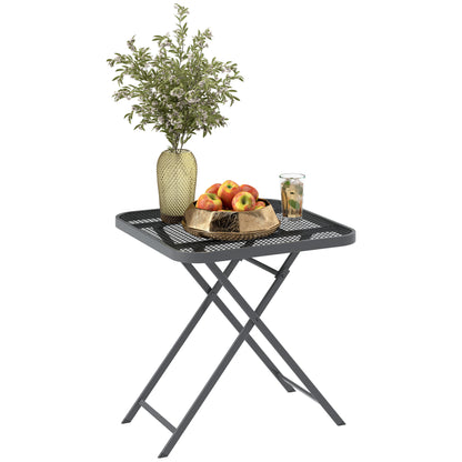 27.5" Square Outdoor Patio Table, Outdoor Folding Table with Grid Rattan-Like Top for Camping, Picnic, Light Grey