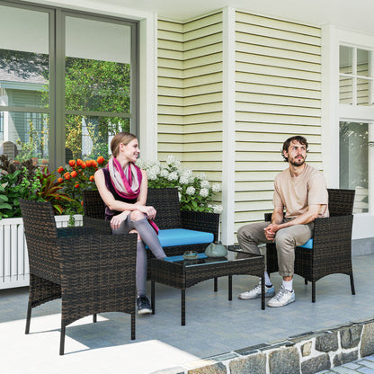 4 Pieces Wicker Outdoor Balcony Furniture Set Rattan Patio Furniture Set with Loveseat Chairs Glass Coffee Table Turquoise