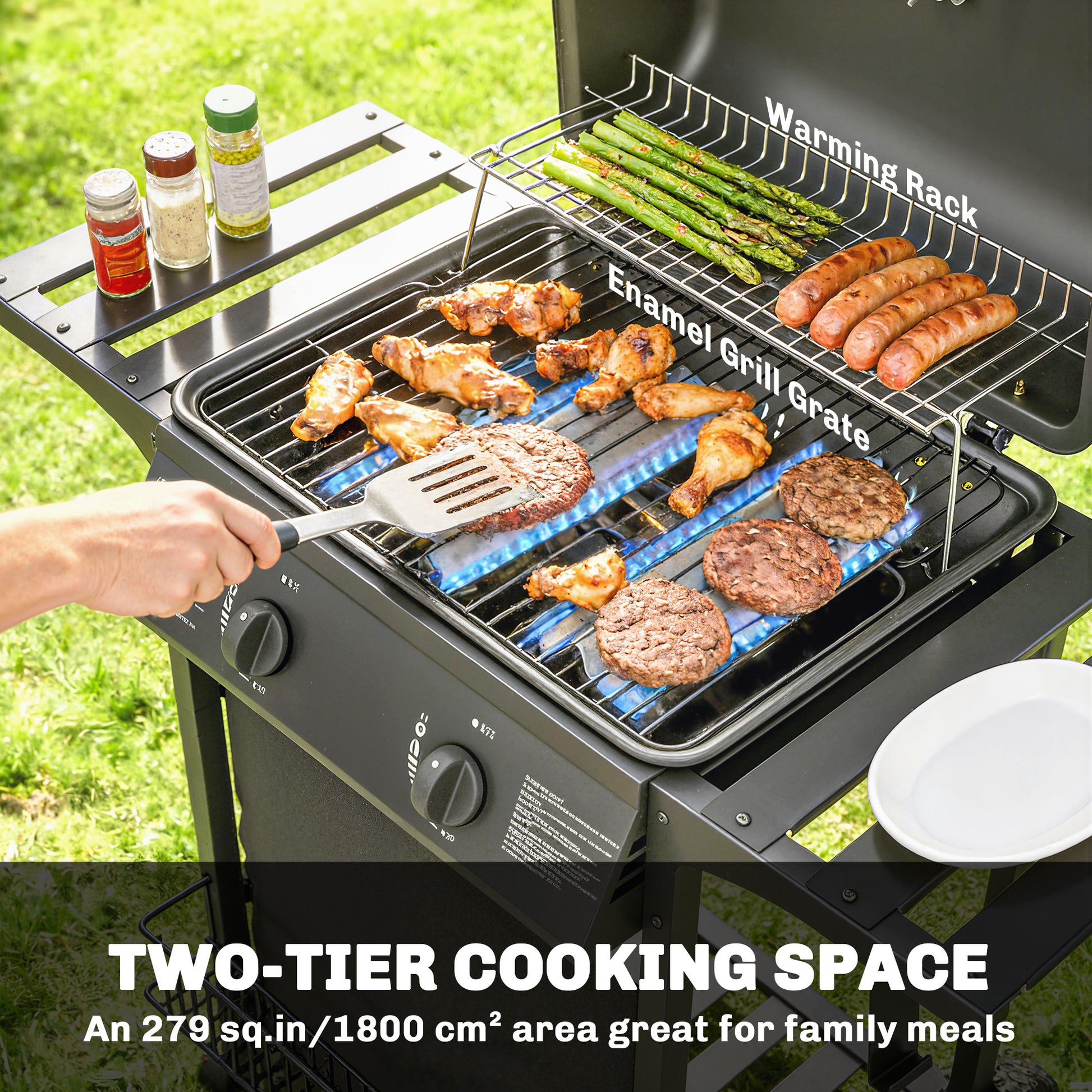 2-Burner Propane Gas Grill, 18000 BTU BBQ Grill with Wheels, Warming Rack, Shelf, Thermometer, Grease Cup, Black