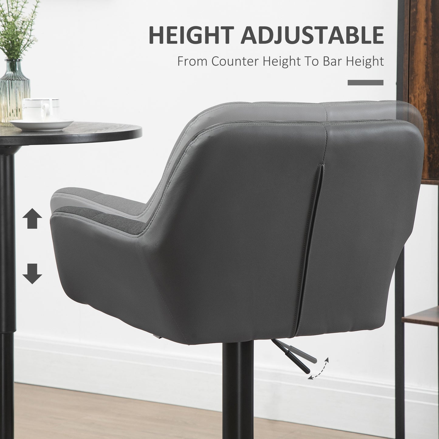 Swivel Barstools Set of 2 Adjustable Bar Stools with Footrest Armrests and PU Leather Back for Dining Room Grey
