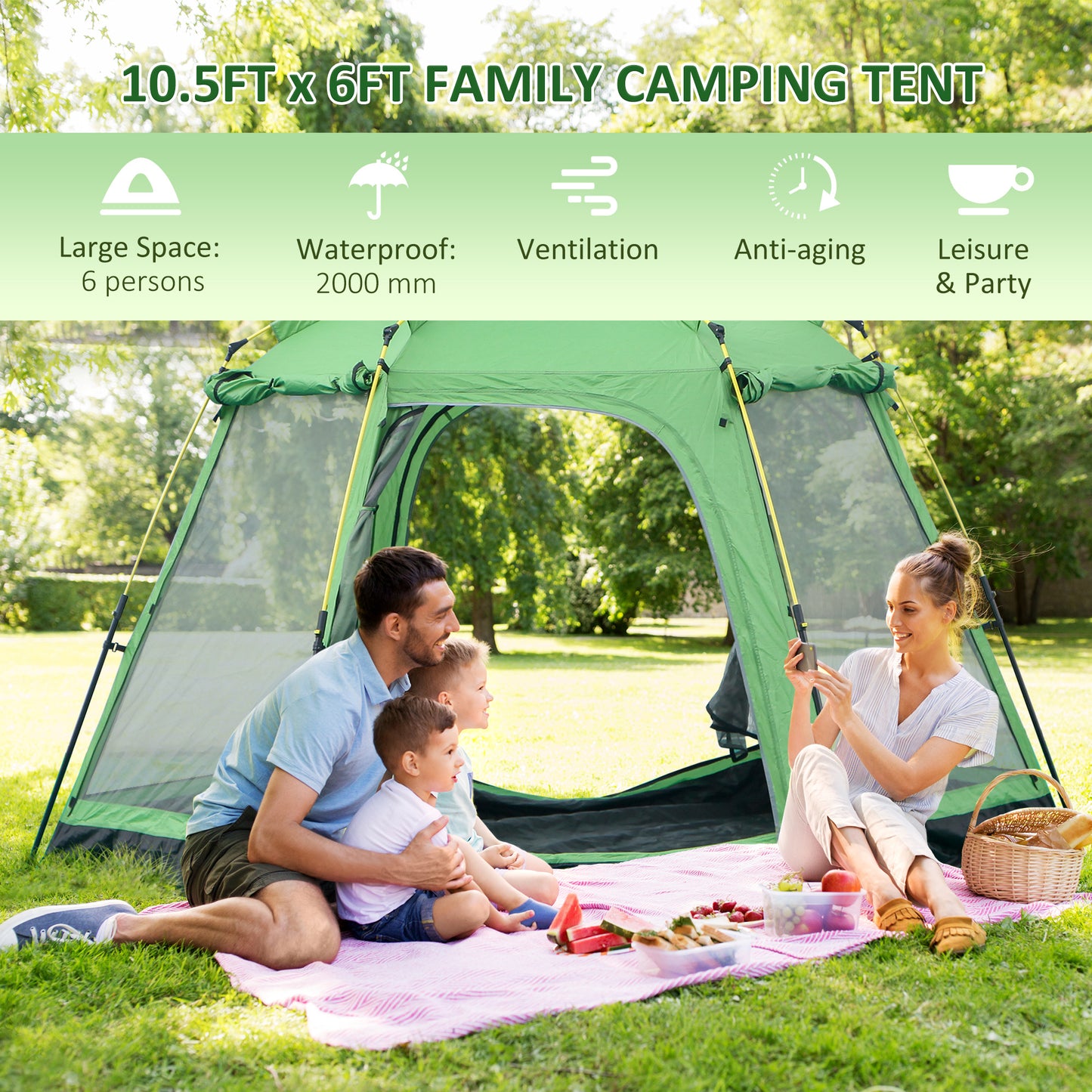 6 People Instant Automatic Camping Tent, 2-Tier Fabric Backpacking Tent with 4 Windows 2 Doors Portable Carry Bag for Fishing Hiking, Green