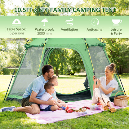 6 People Instant Automatic Camping Tent, 2-Tier Fabric Backpacking Tent with 4 Windows 2 Doors Portable Carry Bag for Fishing Hiking, Green