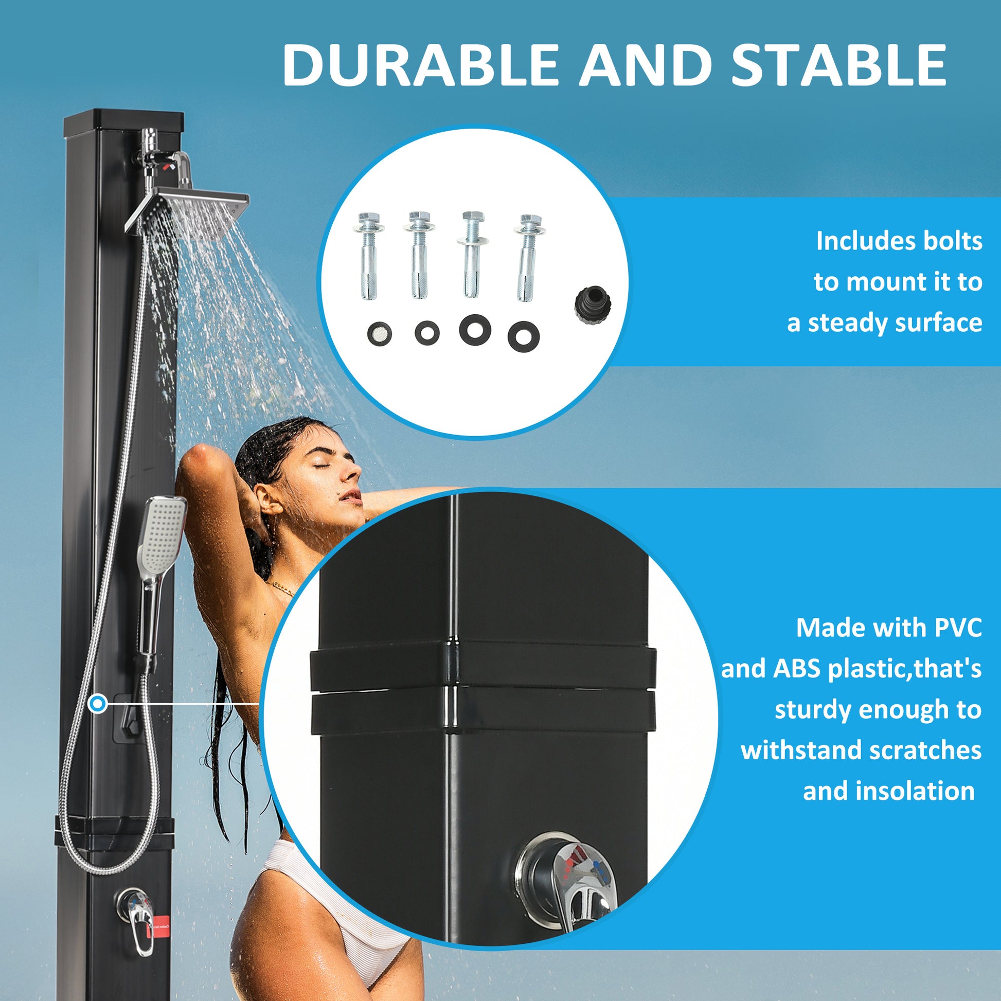 10.6Gal Outdoor Solar Shower w/ 360 Rainfall, Handheld Head, 60℃ Temperature Adjustment for Backyard Poolside Beach Spa