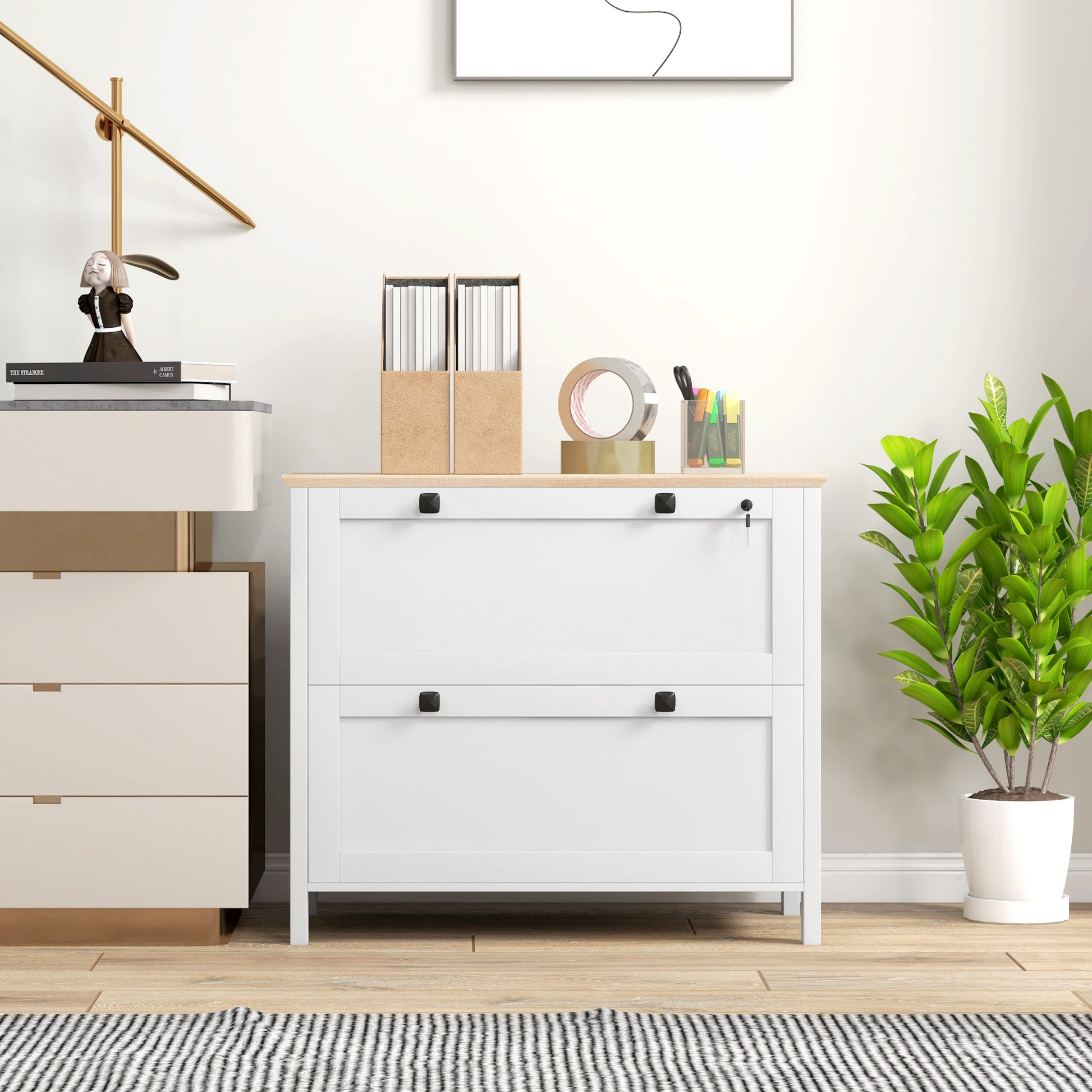 2 Drawer File Cabinet, Lockable Filing Cabinet with Adjustable Hanging Bar for Letter, A4 and Legal Size, White