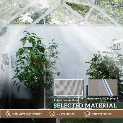 6' x 4' Walk-In Greenhouse, Polycarbonate Greenhouse with Sliding Door, Window, Aluminium Frame, Foundation, Silver