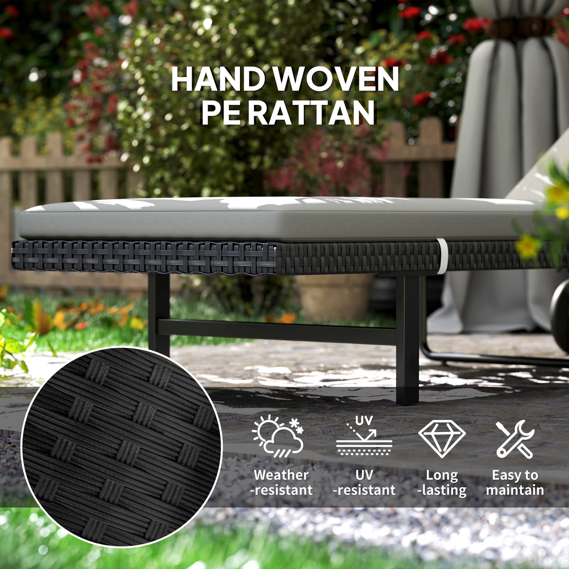 PE Rattan Tanning Chair, Outdoor Patio Lounger with 5-Level Adjustable Back, Wheels and Cushion, Grey