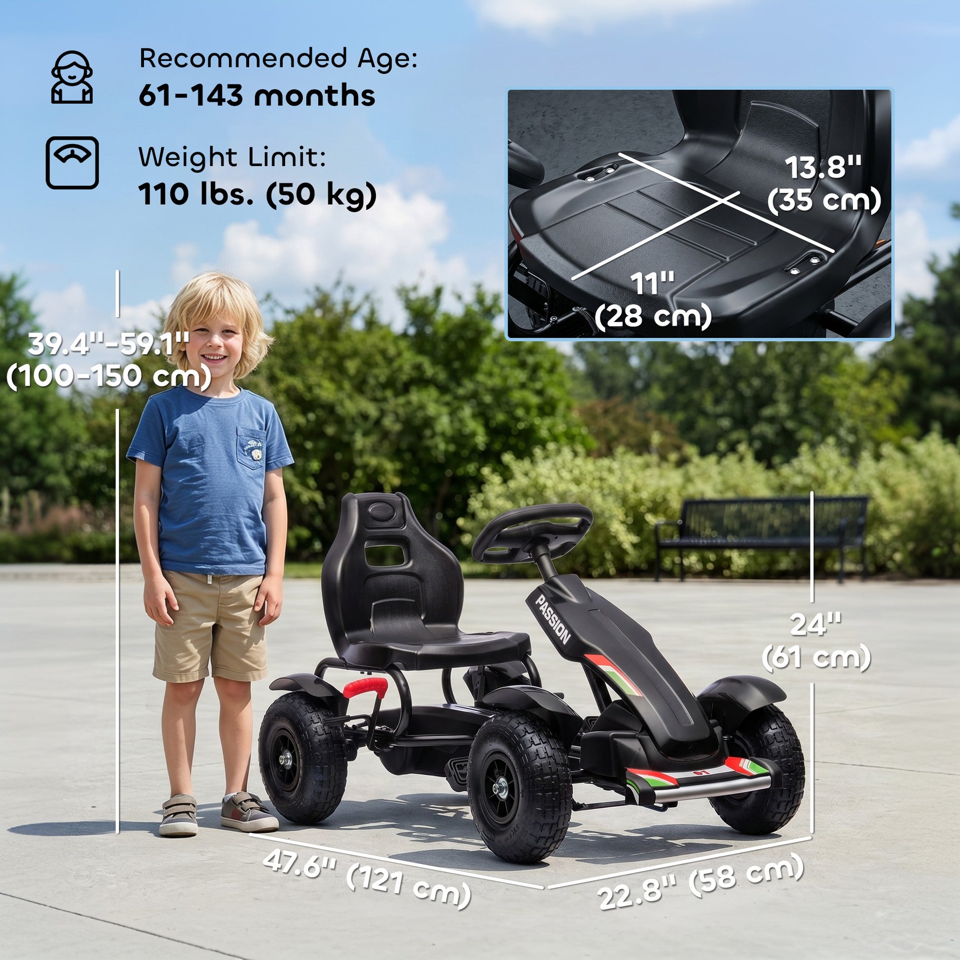Aosom Pedal Go Kart for Kids, Pedal Car with Adjustable Bucket, Handbrake, 4 Rubber Wheels Powered Ride, Black