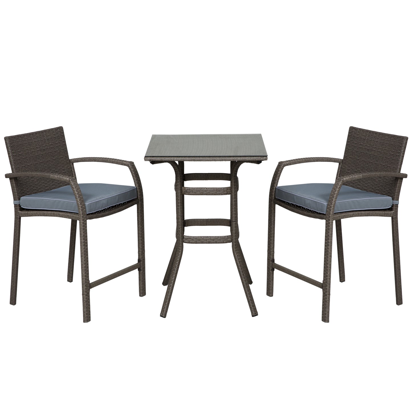 3 Pieces Patio Bar Set Wicker Garden Bistro Set Outdoor Furniture PE Rattan Table and Stools with Seat Cushion, Grey