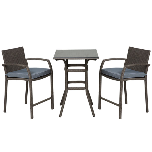 3 Pieces Patio Bar Set Wicker Garden Bistro Set Outdoor Furniture PE Rattan Table and Stools with Seat Cushion, Grey