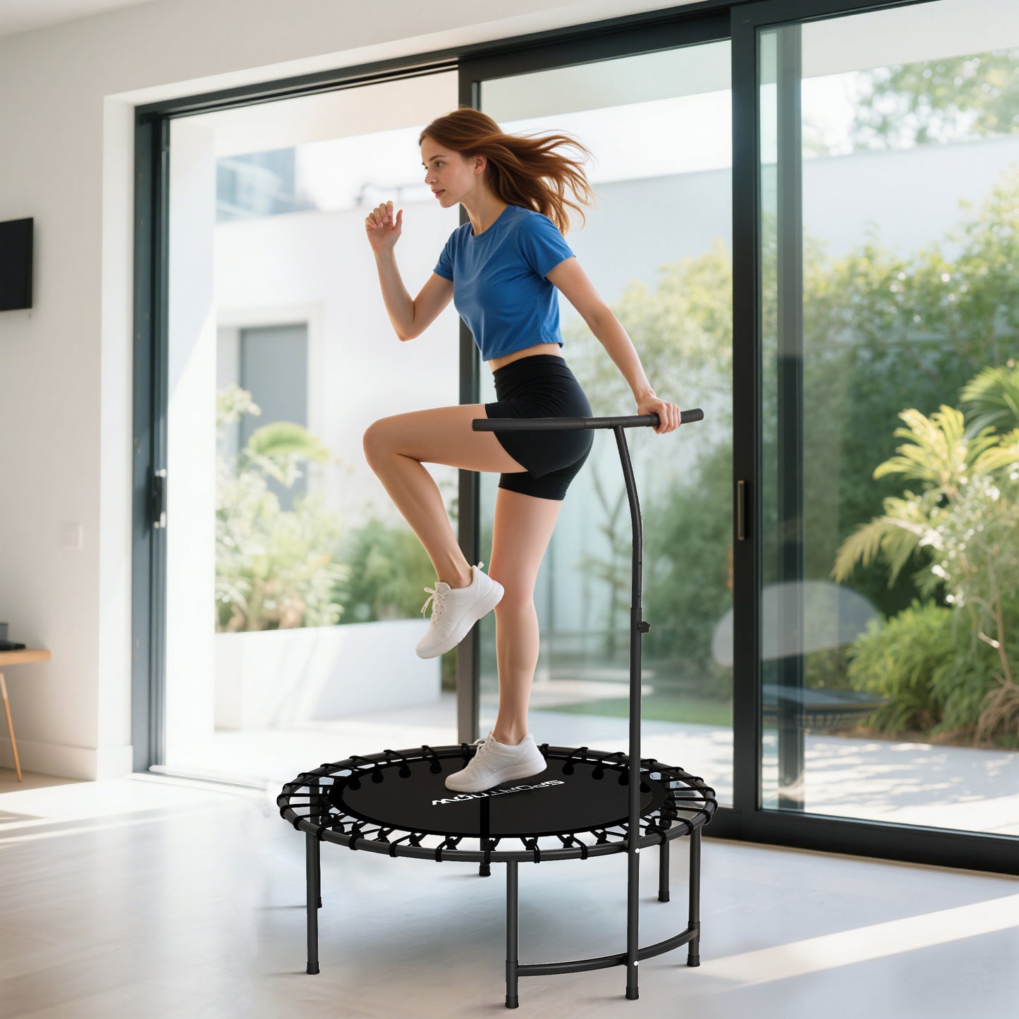 Soozier 40" Foldable Rebounder Trampoline ,Mini Trampoline Indoor with Adjustable Handle, Quiet and Safe Bungee Rebounder,Black