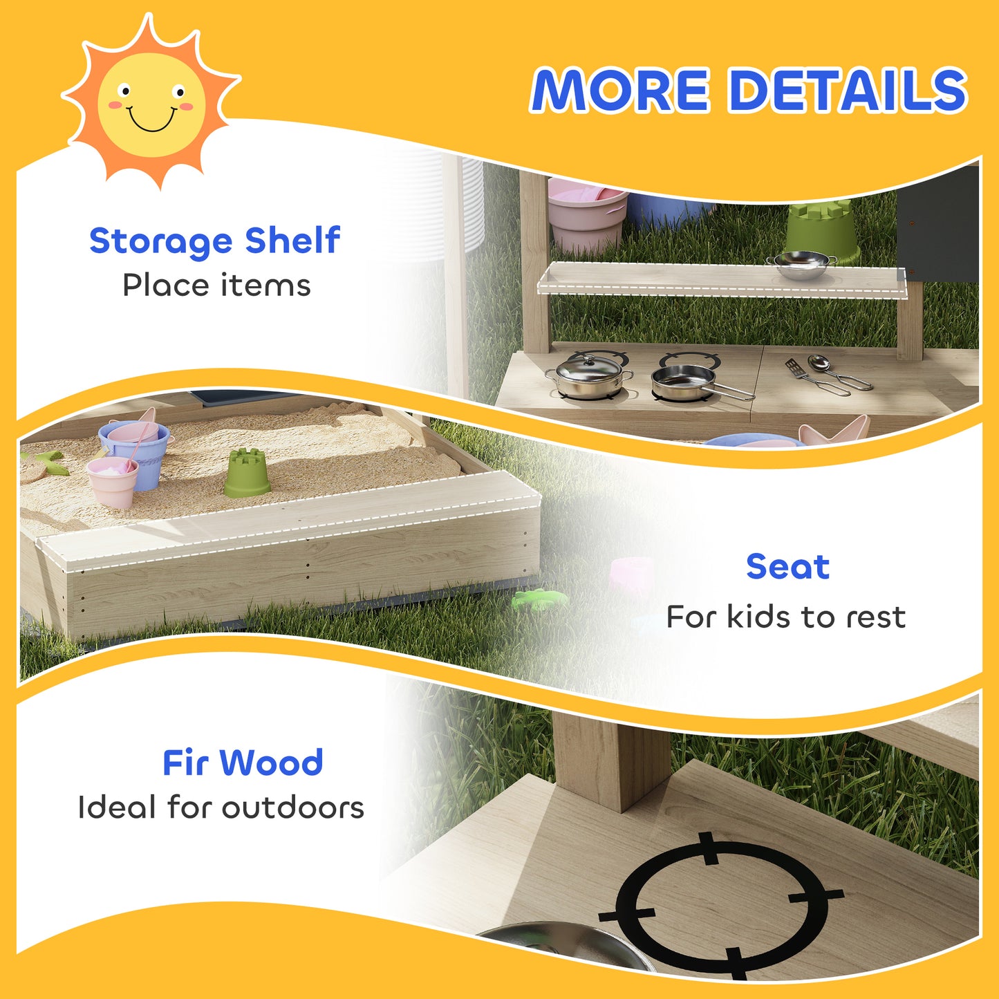 Kids Sandbox with Cover Kitchen Playset Toys, Wooden Sand Box with Seat, Storage, for 3-7 Years Old, Natural Wood