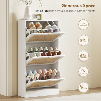 Rattan Shoe Storage Cabinet with 3 Flip Drawers and Adjustable Shelves, Entryway Shoe Cabinet for 18 Pairs, White