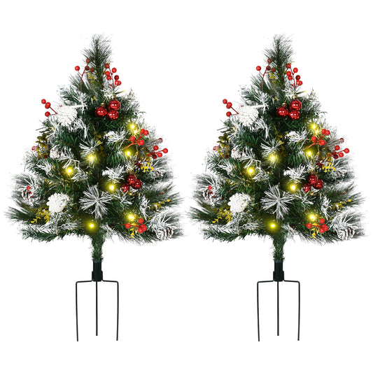2 Foot/23 inch 2 Pack Prelit Artificial Christmas Tree Cordless with 70 Branches, Warm White LED lights, Red Berries, Pine Cones, Balls, for Outdoor Entryway, Green