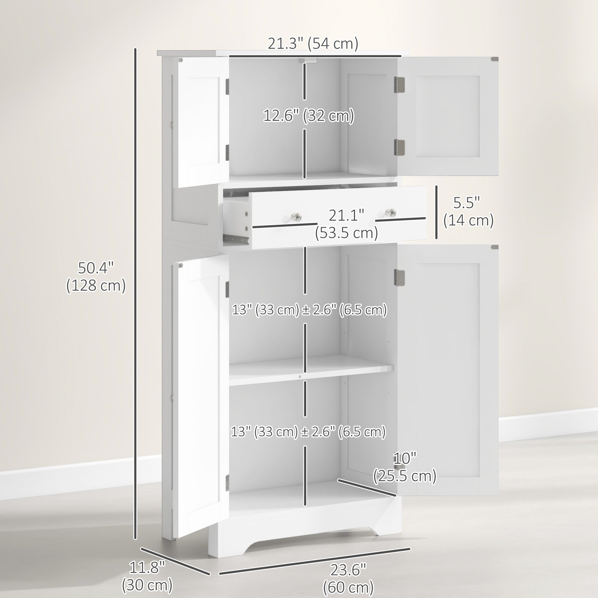 50.5" Kitchen Storage Cabinet, Modern Kitchen Pantry Cabinet with 4 Doors, Drawer, Adjustable Shelf, White